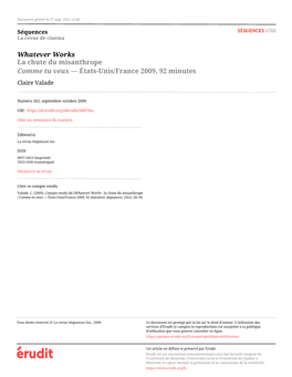 Whatever Works La Chute Du Misanthrope Comme Tu Veux — États-Unis/France 2009, 92 Minutes Claire Valade