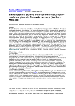 Ethnobotanical Studies and Economic Evaluation of Medicinal Plants in Taounate Province (Northern Morocco)