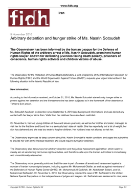 Arbitrary Detention and Hunger Strike of Ms. Nasrin Sotoudeh