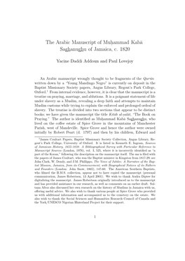 The Arabic Manuscript of Muhammad Kaba Saghanughu of Jamaica, C
