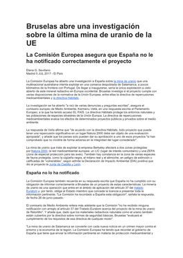 Bruselas Abre Una Investigación Sobre La Última Mina De Uranio De La UE La Comisión Europea Asegura Que España No Le Ha Notificado Correctamente El Proyecto