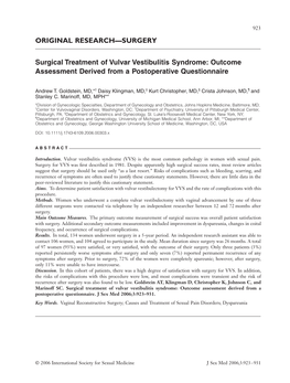 Surgical Treatment of Vulvar Vestibulitis Syndrome: Outcome Assessment Derived from a Postoperative Questionnaire