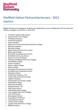 Sheffield Hallam Partnership Bursary - 2013 Starters