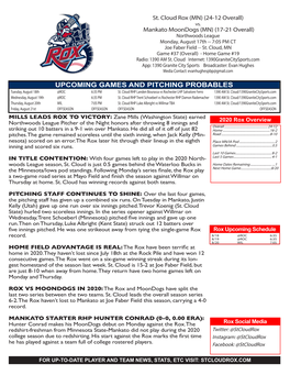 UPCOMING GAMES and PITCHING PROBABLES Tuesday, August 18Th @ROC 6:35 PM St