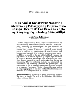 Mga Aral at Kabatirang Maaaring Matamo Ng Pilosopiyang Pilipino Mula Sa Mga Obra Ni De Los Reyes Sa Yugto Ng Kanyang Paghuhubog (1864-1889)