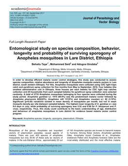 Entomological Study on Species Composition, Behavior, Longevity and Probability of Surviving Sporogony of Anopheles Mosquitoes in Lare District, Ethiopia