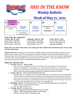 HHS in the KNOW Weekly Bulletin Week of May 17, 2021 Even Periods 17 All Students 18 19 20 21 In-Person AP Exams - AM Comp
