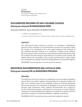 DOCUMENTED RECORDS of ASH-COLORED CUCKOO (Coccycua Cinerea) in AMAZONIAN PERÚ