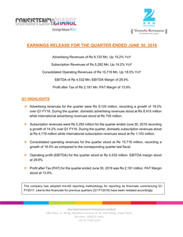 Earnings Release for the Quarter Ended June 30, 2016