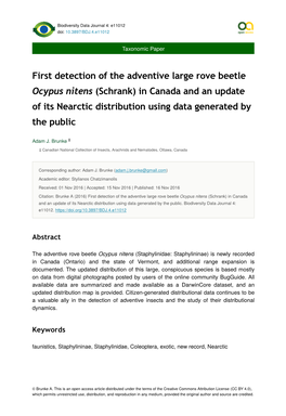 First Detection of the Adventive Large Rove Beetle Ocypus Nitens (Schrank) in Canada and an Update of Its Nearctic Distribution Using Data Generated by the Public