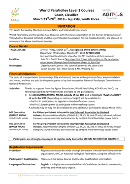 World Paravolley Level 1 Courses Coach, Classifier Rd Th March 23 -28 , 2018 – Jeju City, South Korea