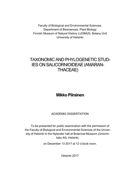Taxonomic and Phylogenetic Studies on Salicornioideae