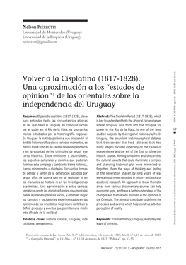 Volver a La Cisplatina (1817-1828). Una Aproximación a Los “Estados De Opinión”1 De Los Orientales Sobre La Independencia Del Uruguay