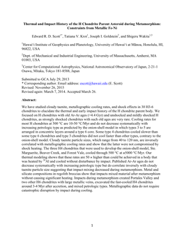 1 Thermal and Impact History of the H Chondrite Parent Asteroid