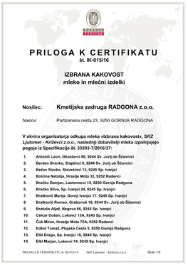 PRILOGA K CERTIFIKATU Št