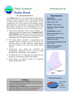 Penley Brook WATERSHED DESCRIPTION Waterbody Facts This TMDL Applies to a 1.57 Mile Section of Penley Brook, Segment ID: Located in the City of Auburn, Maine