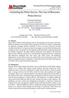 Unionizing the Police Service: the Case of Botswana Police Service