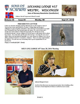 SOLVANG LODGE 457 WESTBY, WISCONSIN Sons of Norway Newsletter (Sandhetter) Editors: David Torgerson & Hazel Cornell