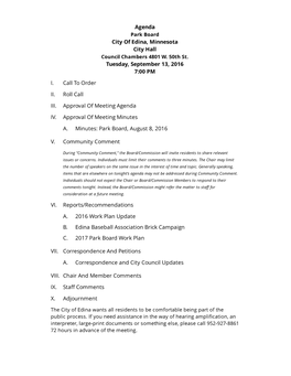 Agenda City of Edina, Minnesota City Hall Tuesday, September 13, 2016