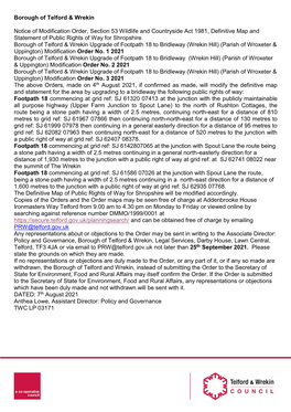 Borough of Telford & Wrekin Notice of Modification Order, Section 53