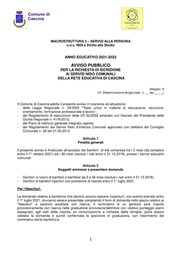 Avviso Pubblico Per La Richiesta Di Iscrizione Ai Servizi Nido Comunali Della Rete Educativa Di Cascina