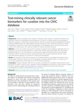 Text-Mining Clinically Relevant Cancer Biomarkers for Curation Into the Civic Database Jake Lever1,2, Martin R