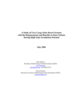 A Study of Very Large Solar Desert Systems with the Requirements and Benefits to Those Nations Having High Solar Irradiation Potenial
