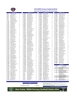 2014 ESPN Fantasy Football Draft Kit Standard PPR League Top 300 Cheat Sheet