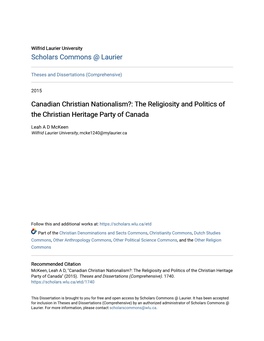 Canadian Christian Nationalism?: the Religiosity and Politics of the Christian Heritage Party of Canada