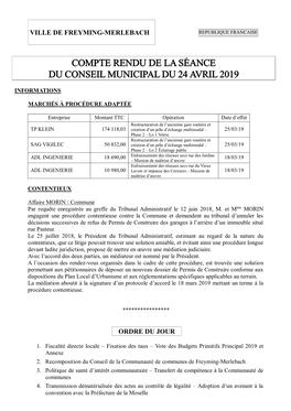 Compte Rendu De La Séance Du Conseil Municipal Du 24 Avril 2019