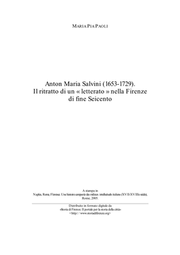 Anton Maria Salvini (1653-1729). Il Ritratto Di Un « Letterato » Nella Firenze Di Fine Seicento