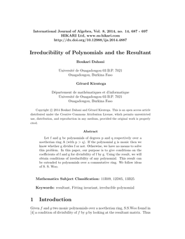 Irreducibility of Polynomials and the Resultant 1 Introduction