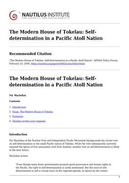 Self- Determination in a Pacific Atoll Nation the Modern House of Tokelau