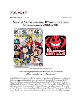 Aniplex of America Announces 10Th Anniversary Event for Gurren Lagann at Otakon 2017