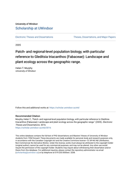 And Regional-Level Population Biology, with Particular Reference to Gleditsia Triacanthos (Fabaceae): Landscape and Plant Ecology Across the Geographic Range