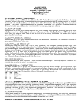 GAME NOTES ALABAMA at LSU Saturday, November 8, 2008 Tiger Stadium (92,619) Baton Rouge, La