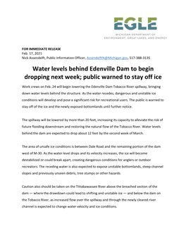 Water Levels Behind Edenville Dam to Begin Dropping Next Week; Public Warned to Stay Off Ice