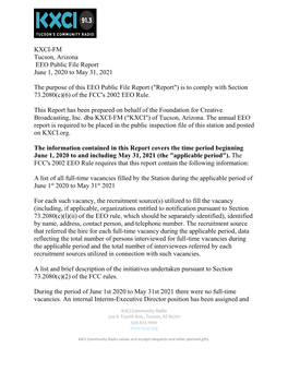 KXCI-FM Tucson, Arizona EEO Public File Report June 1, 2020 to May 31, 2021