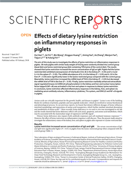 Effects of Dietary Lysine Restriction on Inflammatory Responses in Piglets