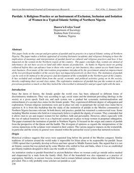 Purdah: a Religious Practice Or an Instrument of Exclusion, Seclusion and Isolation of Women in a Typical Islamic Setting of Northern Nigeria