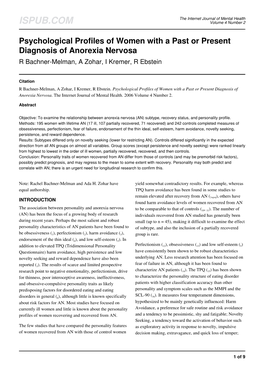 Psychological Profiles of Women with a Past Or Present Diagnosis of Anorexia Nervosa R Bachner-Melman, a Zohar, I Kremer, R Ebstein