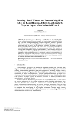Learning Local Wisdom on Pasemah Megalithic Relics in Lahat Regency, Efforts to Anticipate the Negative Impact of the Industrial Era 4.0