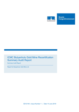 ICMC Bulyanhulu Gold Mine Recertification Summary Audit Report Summary Audit Report ______Report for Bulyanhulu Gold Mine Ltd