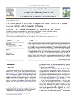 Initial Occurrence of Taylorella Asinigenitalis and Its Detection in Nurse Mares, a Stallion and Donkeys in Kentucky