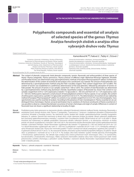 Polyphenolic Compounds and Essential Oil Analysis of Selected Species of the Genus Thymus Analýza Fenolových Zložiek a Analýza Silice Vybraných Druhov Rodu Thymus