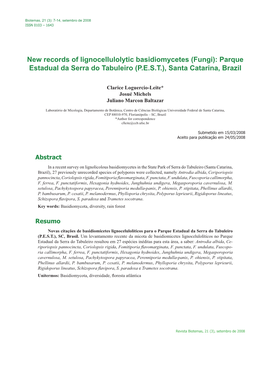 New Records of Lignocellulolytic Basidiomycetes (Fungi): Parque Estadual Da Serra Do Tabuleiro (P.E.S.T.), Santa Catarina, Brazil