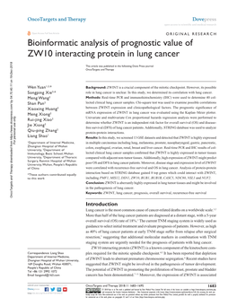 Bioinformatic Analysis of Prognostic Value of ZW10 Interacting Protein in Lung Cancer