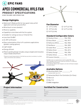 Apex Commercial Hvls Fan Product Specifications High Volume Low Speed Fan