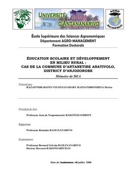 École Supérieure Des Sciences Agronomiques Département AGRO-MANAGEMENT Formation Doctorale