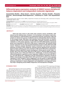 Differential Gene Expression Analysis of HNSCC Tumors Deciphered Tobacco Dependent and Independent Molecular Signatures